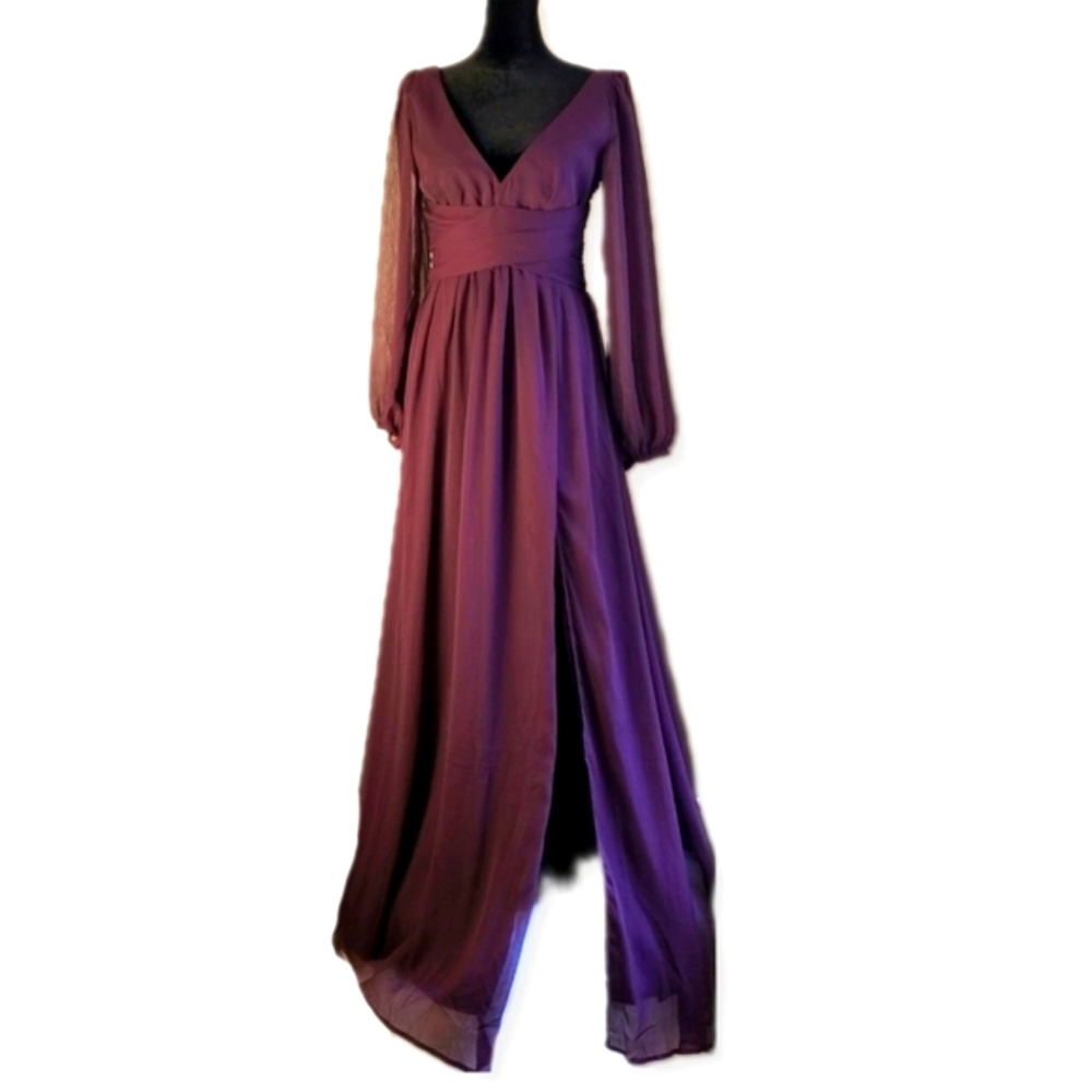 NWOT Lulus Enchant My Love Dark Purple V-Neck Long Sleeve Maxi Dress Sz S